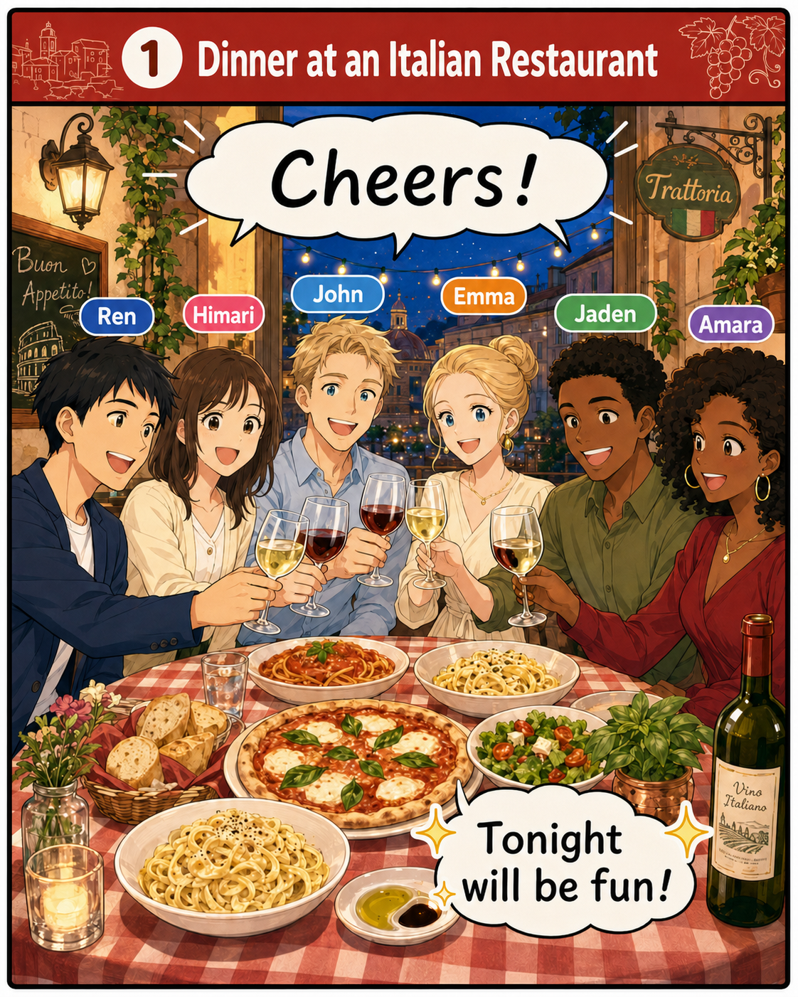 Six friends having dinner at an Italian restaurant