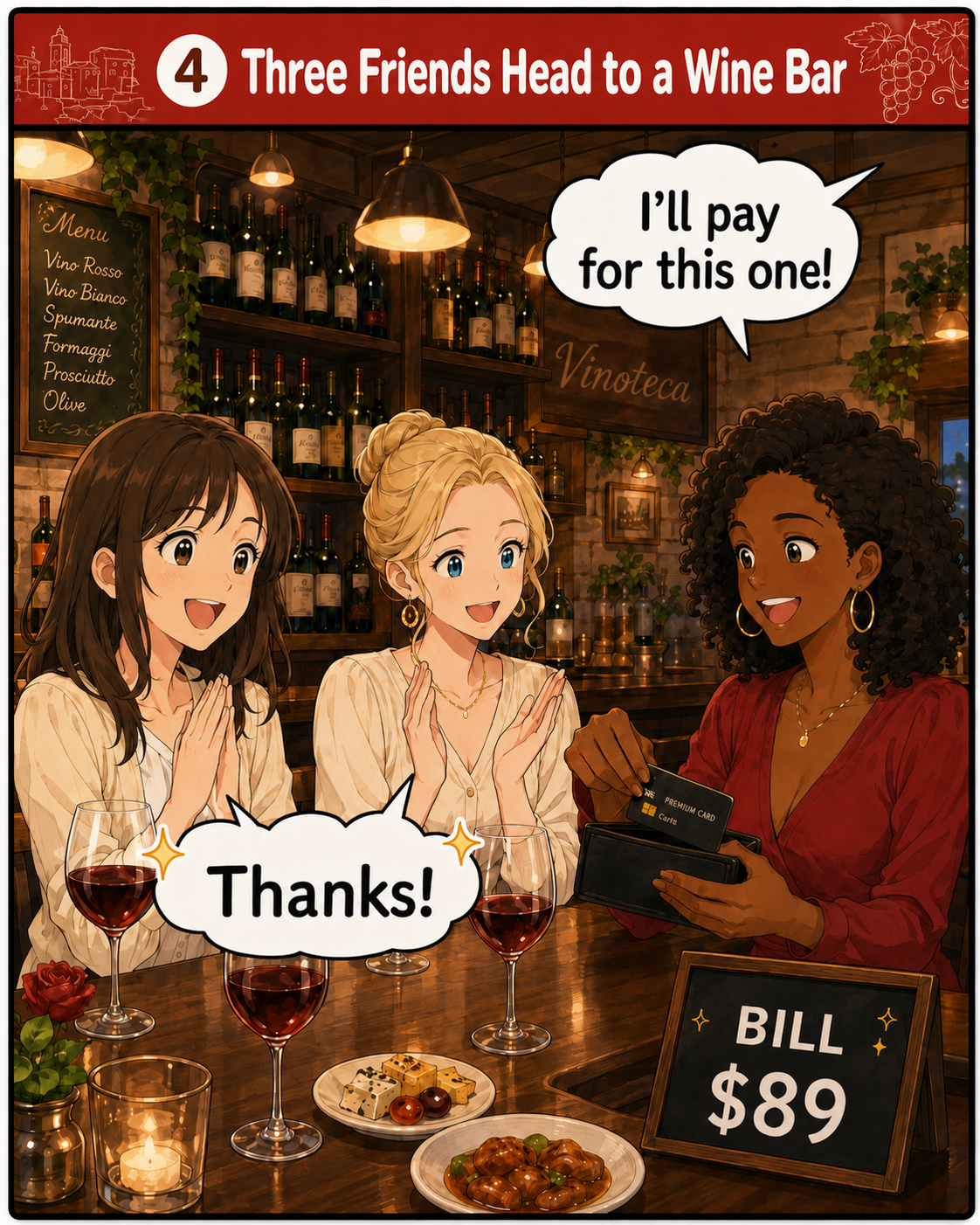 Three friends at a wine bar with one person paying
