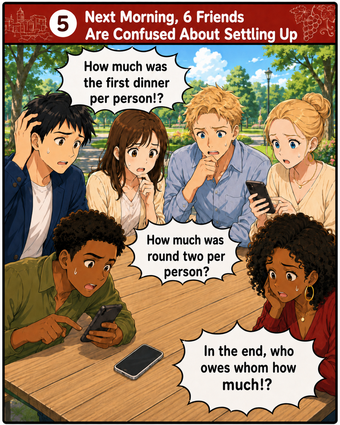 Six friends struggling to work out who owes what