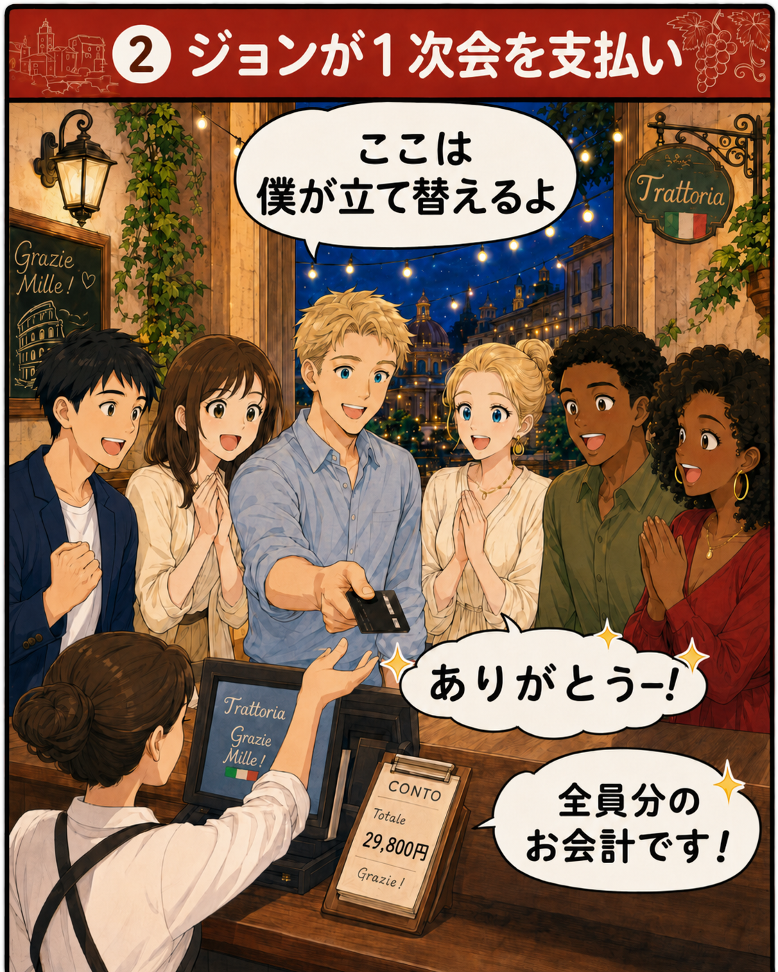 1次会の代金を1人が立て替える様子