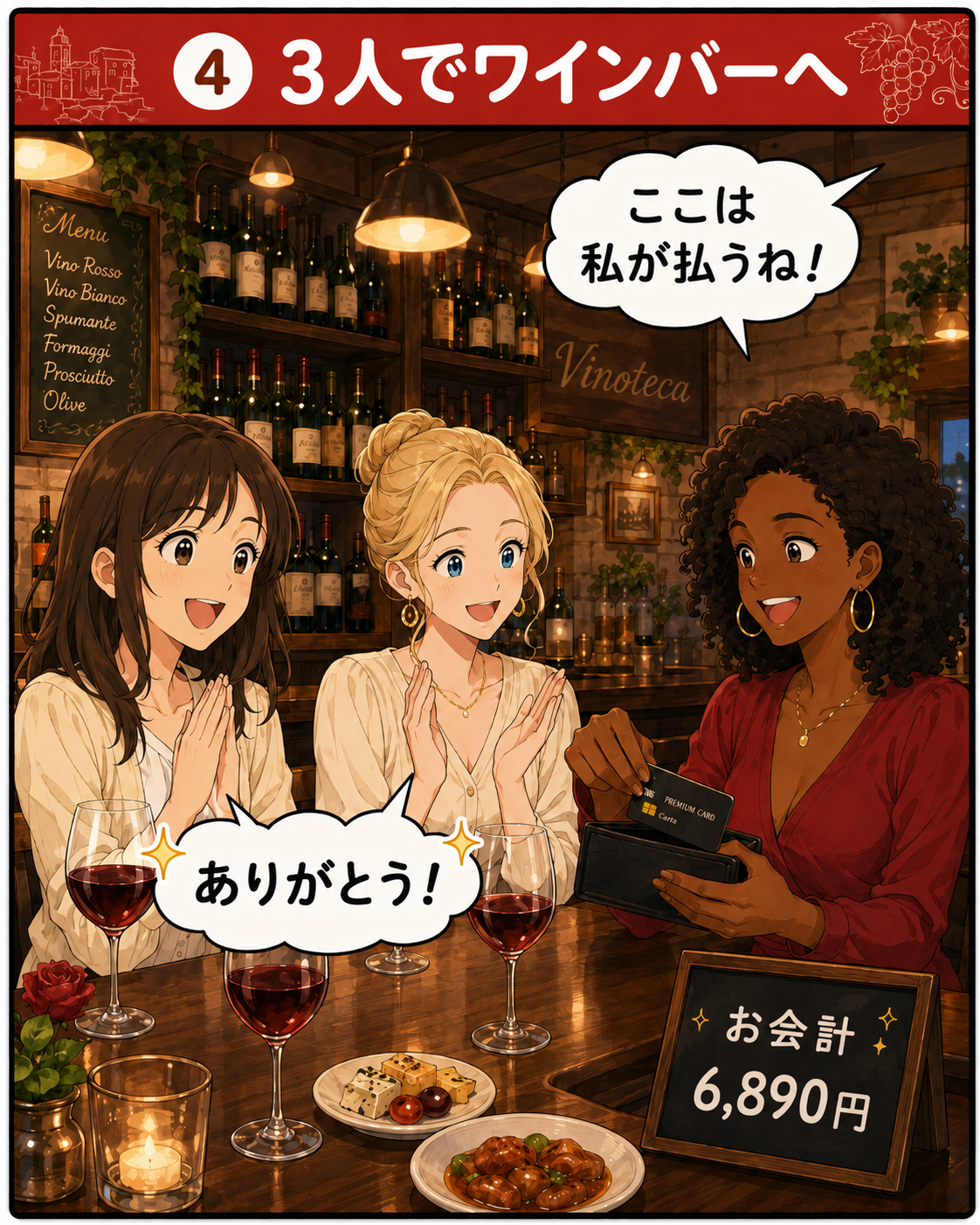 3人でワインバーを楽しみ代金を立て替える様子