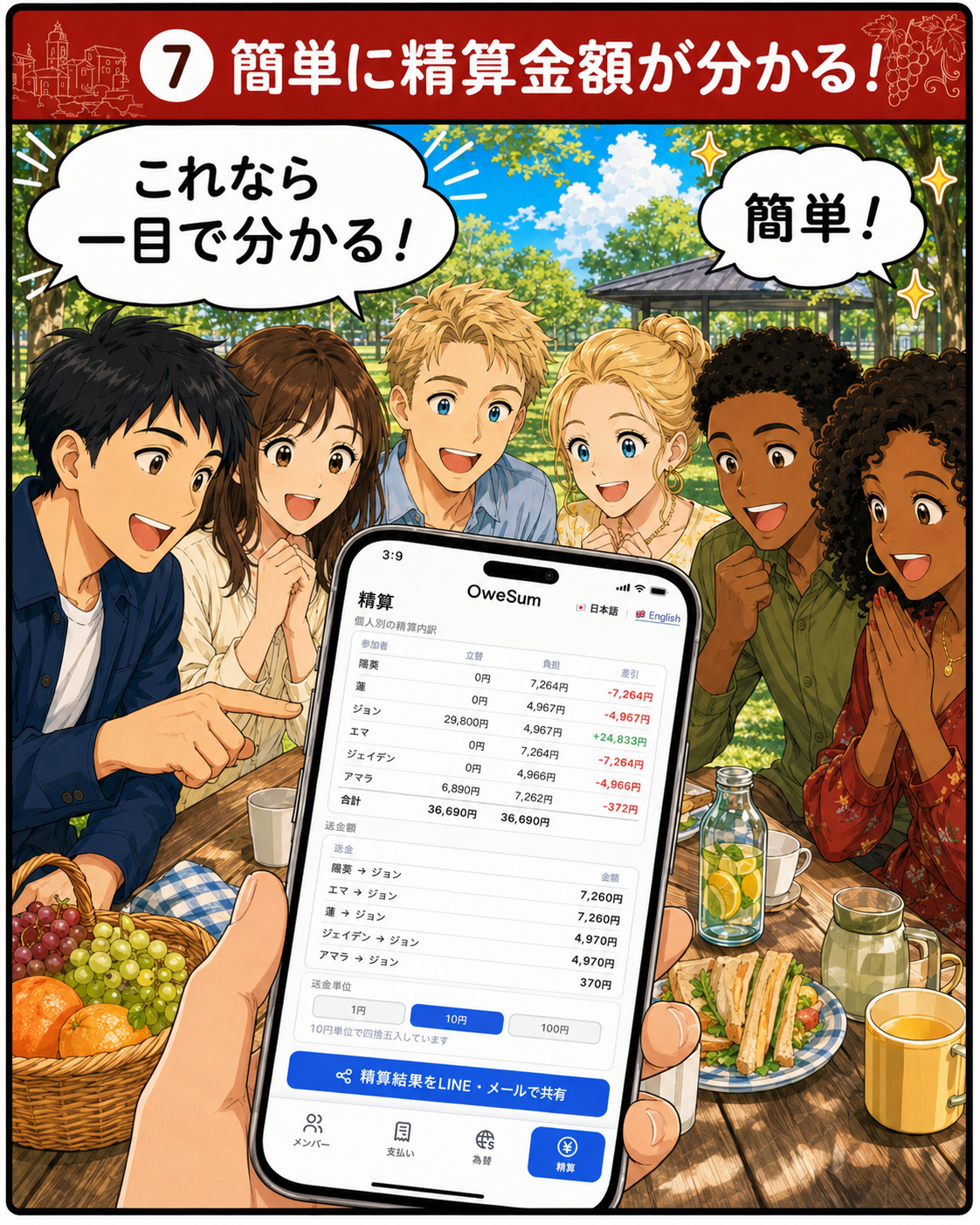 OweSumが精算結果を表示する様子