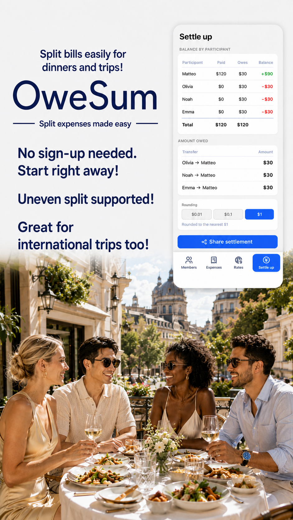OweSum — split bills and settle up for nights out and trips